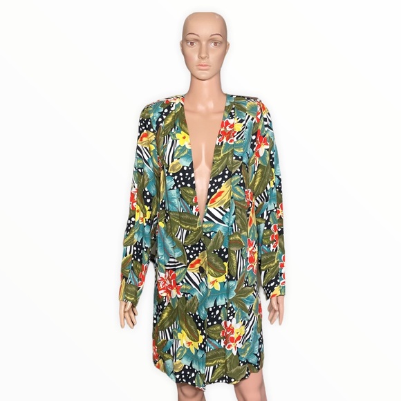 Vintage Jackets & Blazers - VINTAGE Tropical Print Pleated Long Button Blazer